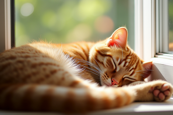 Orange tabby cat sleeping on a windowsill.