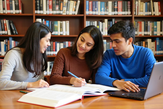 Three students studying together in the library.