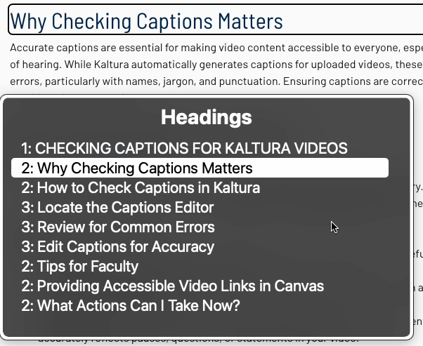 Screenshot 2025-06-04 at 3.08.07 PM.png Screenshot of VoiceOver rotor pulling up headings and Why Checking Captions Matters is highlighted