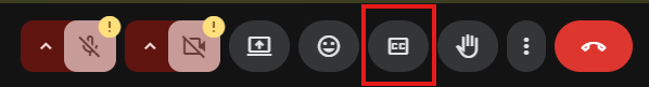 Screenshot of Zoom toolbar with a red box around the “CC Show Captions” button which is the 4th icon in from the right.