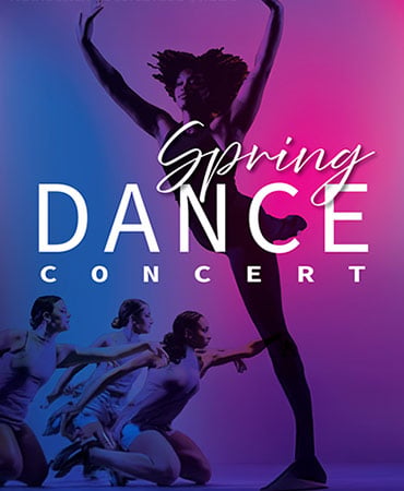 Spring Dance Concert promotional image featuring a dancer in a dramatic pose with other dancers in the background.