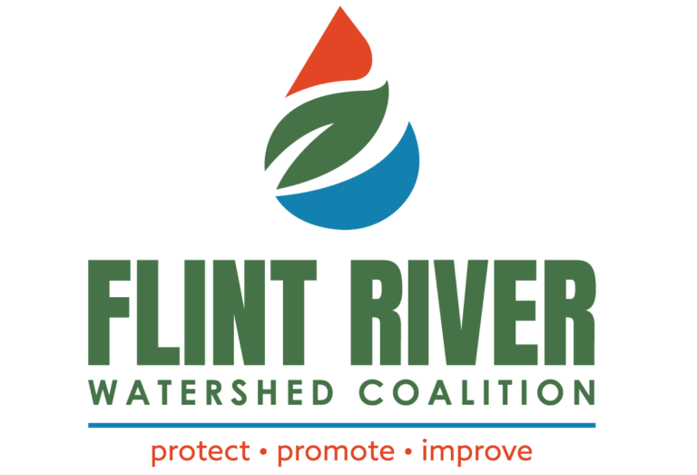 Logo of the Flint River Watershed Coalition featuring a water droplet design with green leaves and the text "FLINT RIVER WATERSHED COALITION" above the phrases "protect • promote • improve."