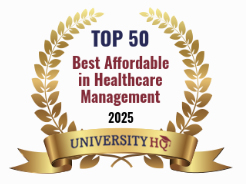 Top 50 Best Affordable in Healthcare Management 2025 University HQ emblem with gold laurel wreath and ribbon.
