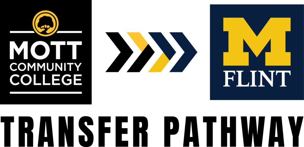 Logos of Mott Community College and University of Michigan-Flint with a double arrow symbol between them.
