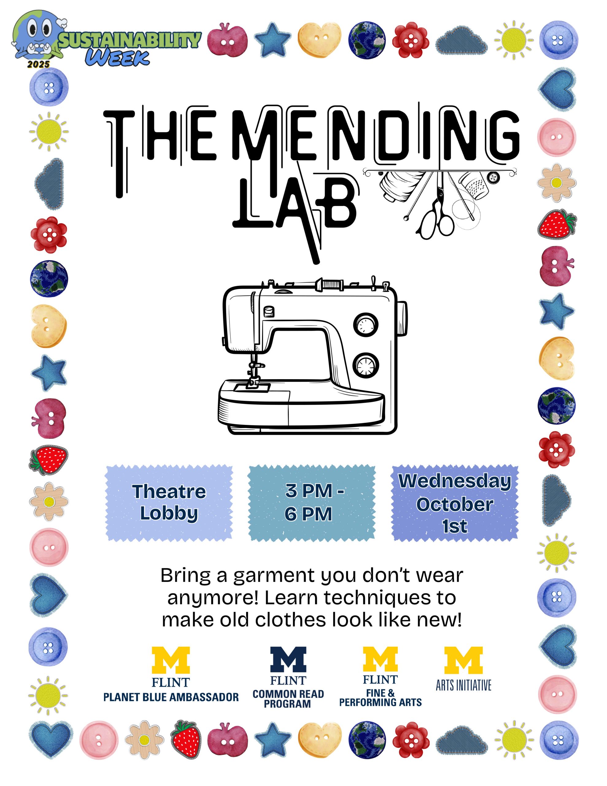 Promotional flyer for “The Mending Lab” during Sustainability Week, inviting people to mend clothes on October 1st from 3–6 PM at the Theatre Lobby.