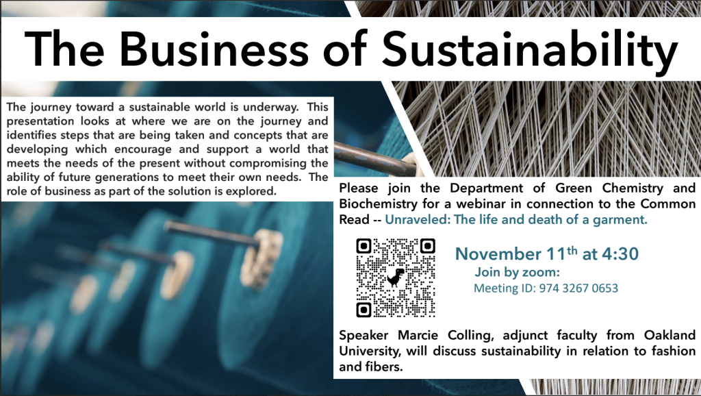 Webinar announcement titled "The Business of Sustainability" discussing sustainable practices and featuring speaker Marcie Colling.