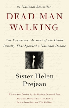 Book cover for "Dead Man Walking" by Sister Helen Prejean, featuring a small black-and-white image of a person walking down a dark corridor.