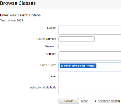 course search form with filters for subject, course number, keyword, attribute, part of term, level, and instructional methods. "Part of Term 2 (First 7 Weeks)" is preselected.