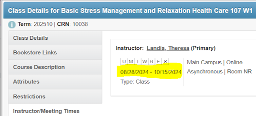 class details panel for “Basic Stress Management and Relaxation,” Health Care 107 W1, shows it is taught online asynchronously.