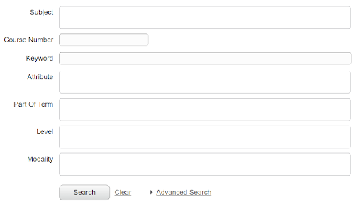 A form for browsing classes with fields for Subject, Course Number, Keyword, Attribute, Part of Term, Level, and Modality, plus buttons labeled Search, Clear, and Advanced Search.