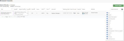 a search result for classes in the subject Anthropology is shown. One course titled “Third World Cultures” is listed with details including course number 30678, the name of the instructor, and attribute “Global Studies.” A dropdown menu from the gear icon is expanded on the right, allowing users to check or uncheck columns like Subject, CRN, Instructor, Meeting Times, and more to customize the table view.