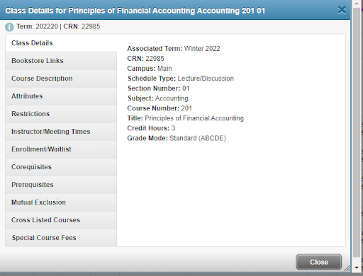 pop-up window shows details for Accounting 201, titled “Principles of Financial Accounting,” scheduled for Winter 2022. The class is a 3-credit lecture/discussion held on the main campus.