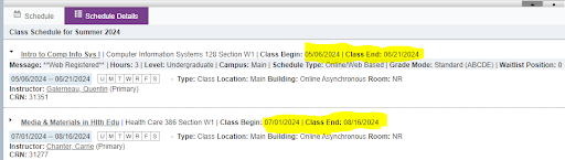 class schedule lists two online asynchronous courses: Intro to Computer Information Systems and Media & Materials in Health Education.