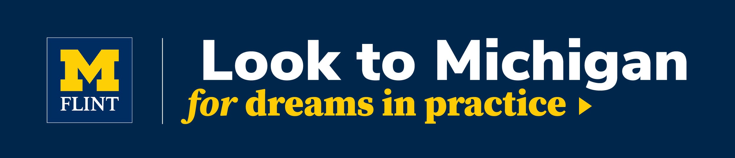 M logo with "Look to Michigan for dreams in practice" on a dark blue background.