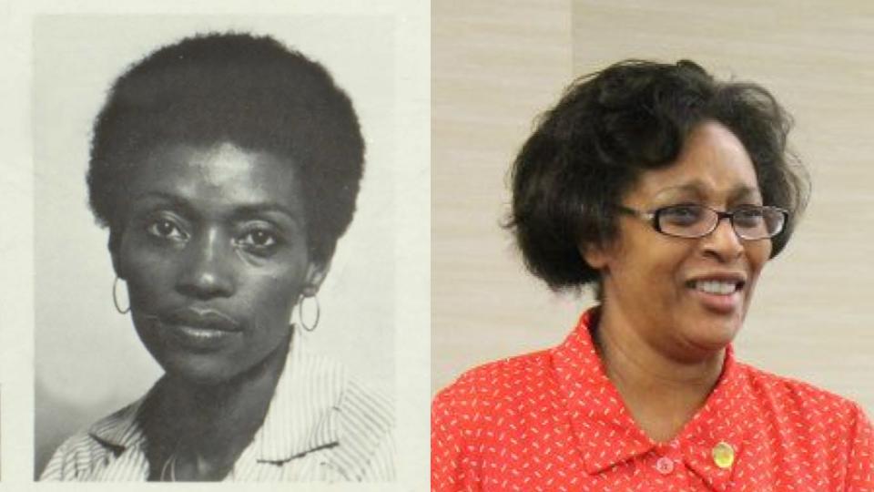 Two side-by-side images of Tessie Sharp. The left image is a black and white photo with a large afro hairstyle, while the right image shows her with short, dark hair and wearing a red polka dot shirt. 