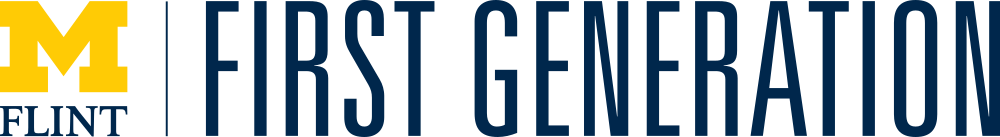 University of Michigan-Flint First Generation logo with a yellow block M and blue text.