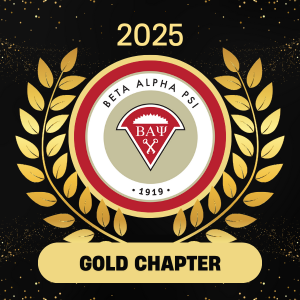 Logo for Beta Alpha Psi with a gold laurel wreath, featuring the text "2025" at the top and "GOLD CHAPTER" at the bottom.