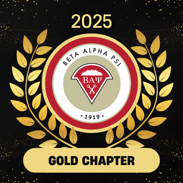 Logo for Beta Alpha Psi with a gold laurel wreath, featuring the text "2025" at the top and "GOLD CHAPTER" at the bottom.
