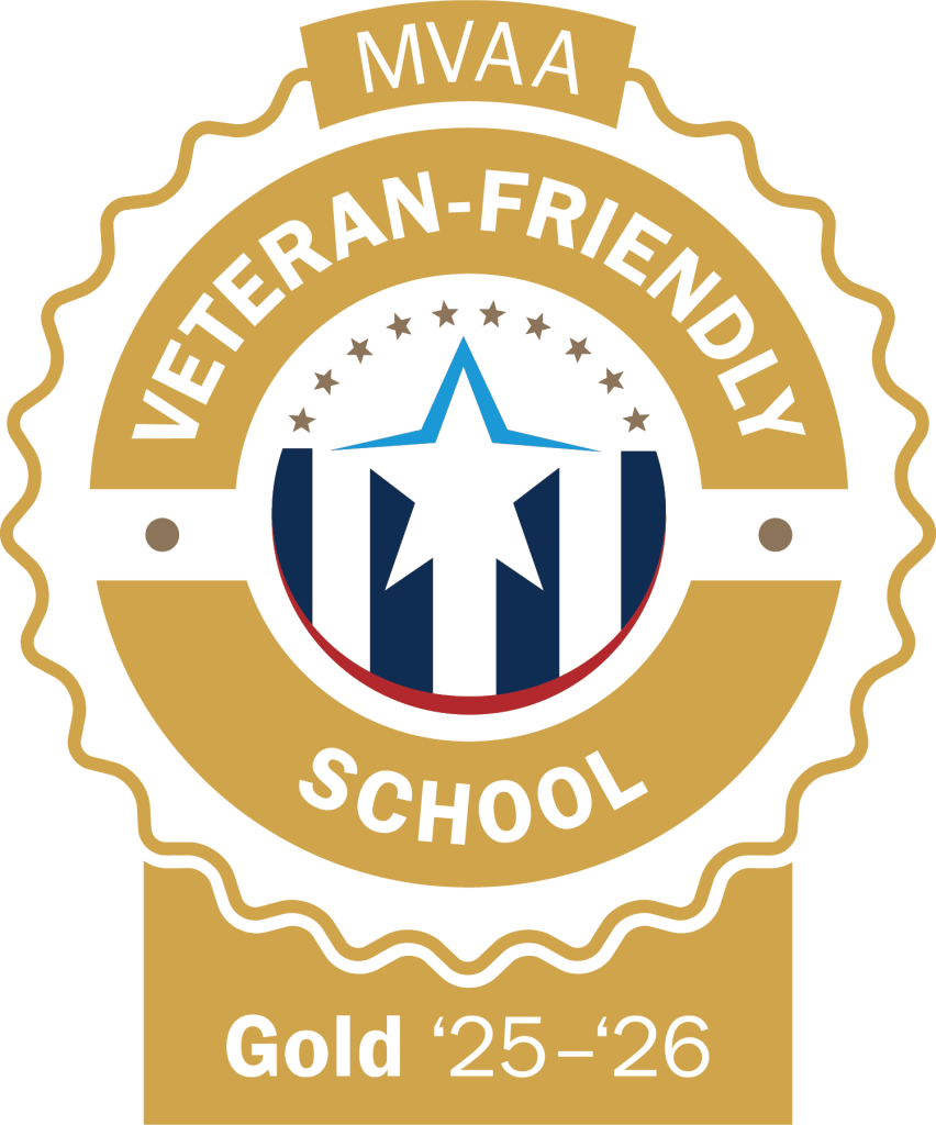 MVAA Veteran-Friendly School badge, gold level for the years 2025-2026, featuring a star and stripes design.