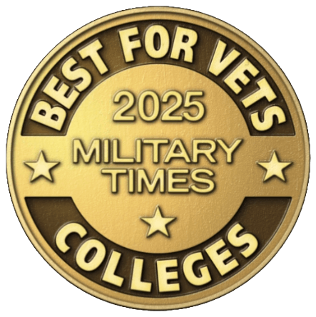 Gold medal with the text "BEST FOR VETS," "2025," "MILITARY TIMES," and "COLLEGES," along with two stars on either side.