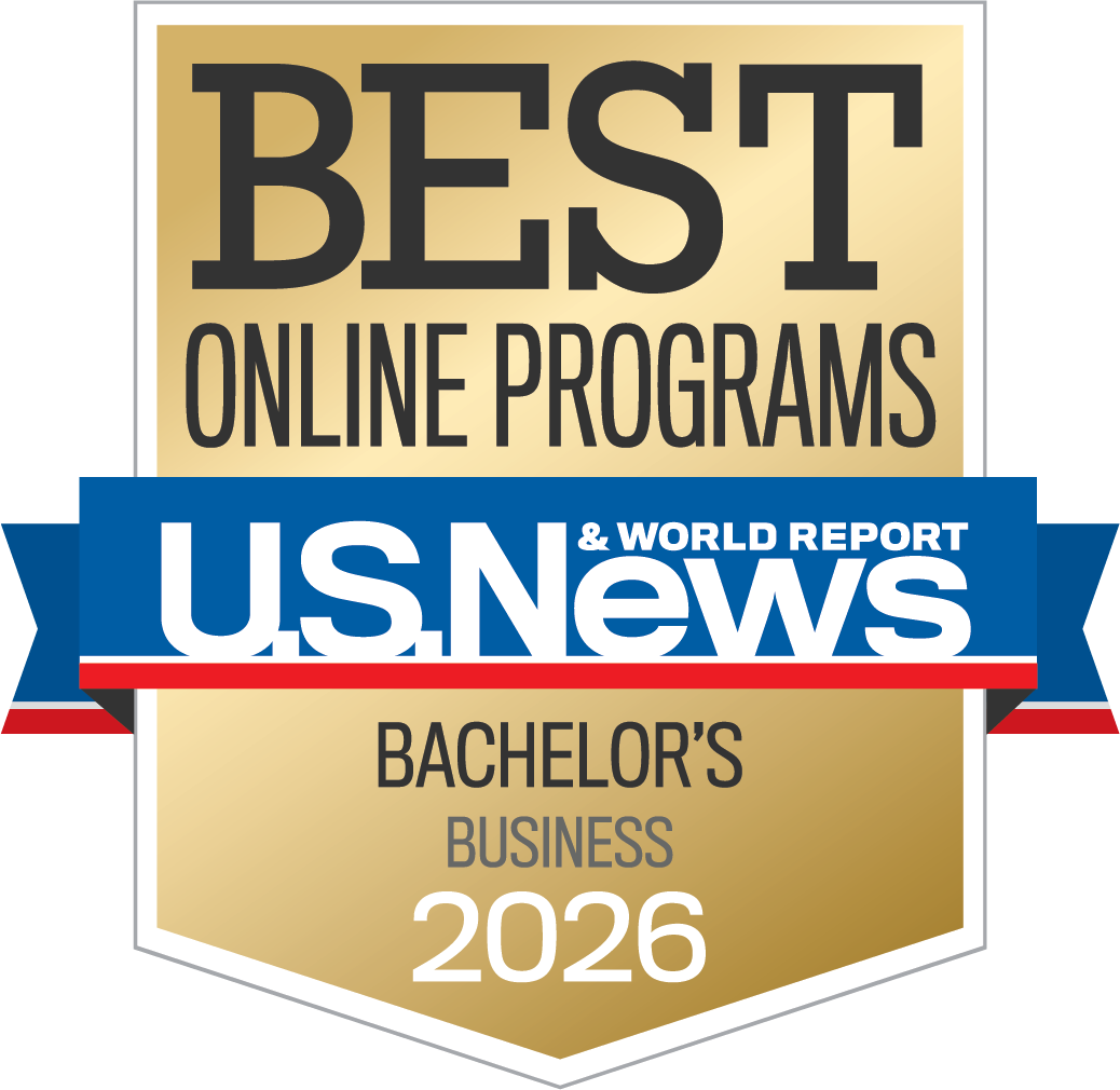 A golden graphic with a horizontal red, white and blue banner that reads "U.S. News & World Report." The graphic displays large black font that reads "Best Online Programs Bachelor's in Business 2026."