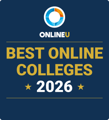 Logo for OnlineU featuring the text "BEST ONLINE COLLEGES 2026" in gold on a dark-blue background. Above this text is a circular logo showing the letter "O." Three quarters of this logo are bright blue and one quarter is orange.