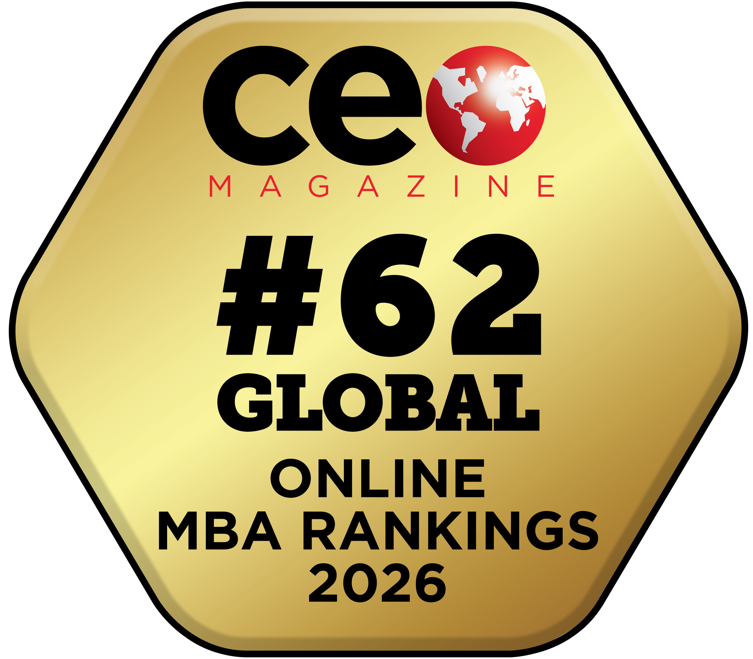 CEO Magazine #62 Global Online MBA Rankings 2026 badge with a gold hexagonal background and a red globe icon.