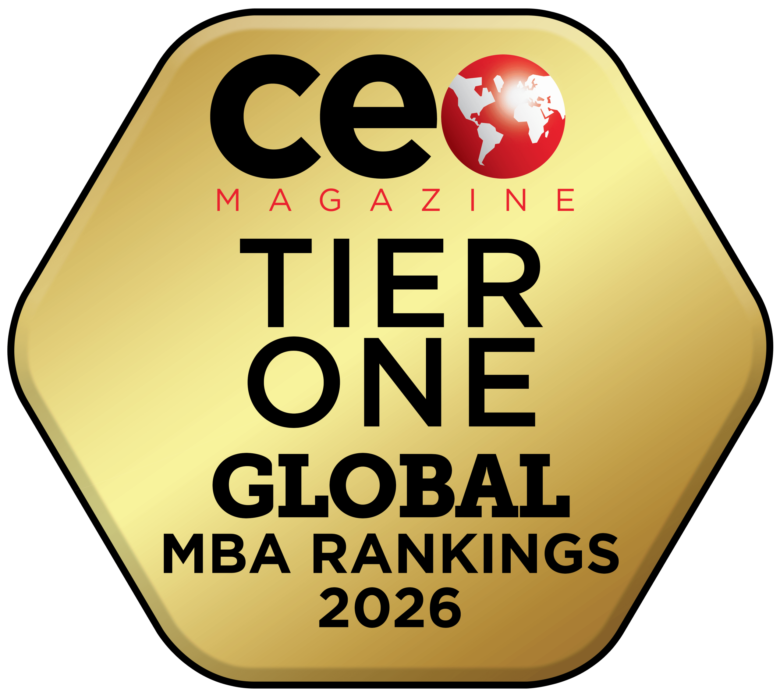 CEO Magazine Tier One Global MBA Rankings 2026 badge with a gold hexagonal background and a red globe icon.