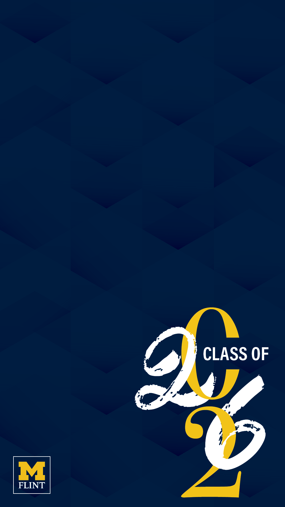 University of Michigan Flint logo with "Class of 2026" text on a dark blue geometric background.