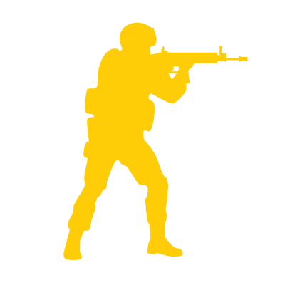 Silhouette of a soldier holding a rifle, depicted in yellow against a black background.