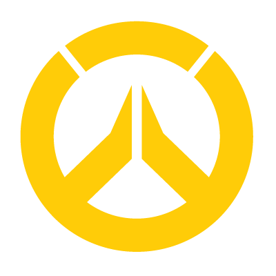 Overwatch game logo in yellow, featuring a stylized circular design with a central emblem resembling a shield.