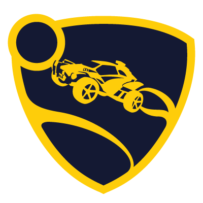Logo featuring a stylized car jumping towards a ball, enclosed in a shield shape with a navy background and yellow outline.