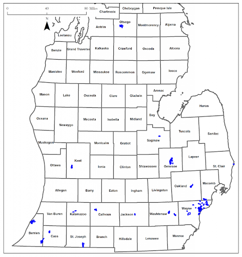 Map of Michigan showing counties with blue markers indicating specific locations or features within the state.