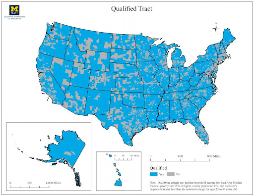 Map of the United States showing "Qualified Tract" areas in blue. Inset maps of Alaska and Hawaii also indicate qualified areas. A note explains that qualifying areas have median household incomes below the Area Median Income.